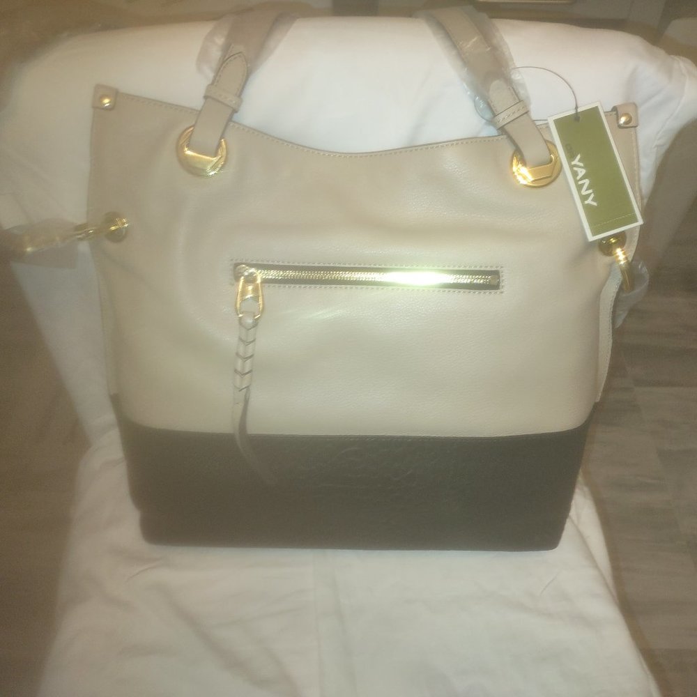 Oryany Tan and Black Large Color Block Leather Handbag w/Dust Cover NWT RARE